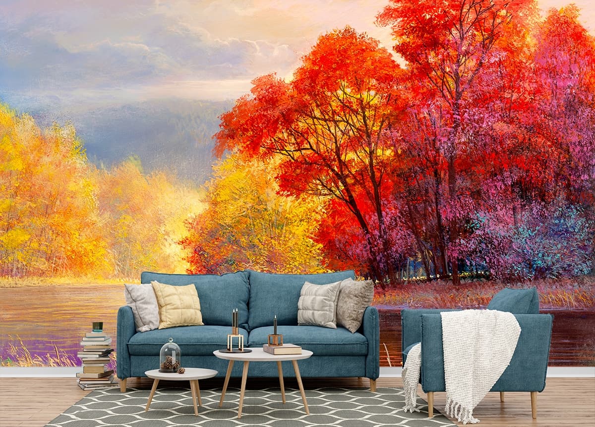 A lake with colorful trees and grass shown in a room