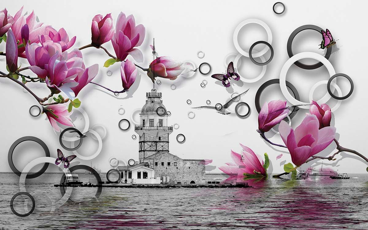 Romantic Pink Floral Landscape with Tower and Lake View Wallpaper pattern detail