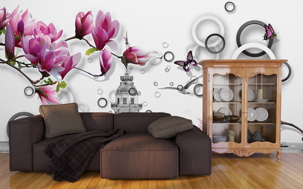 Romantic Pink Floral Landscape with Tower and Lake View Wallpaper shown in a room