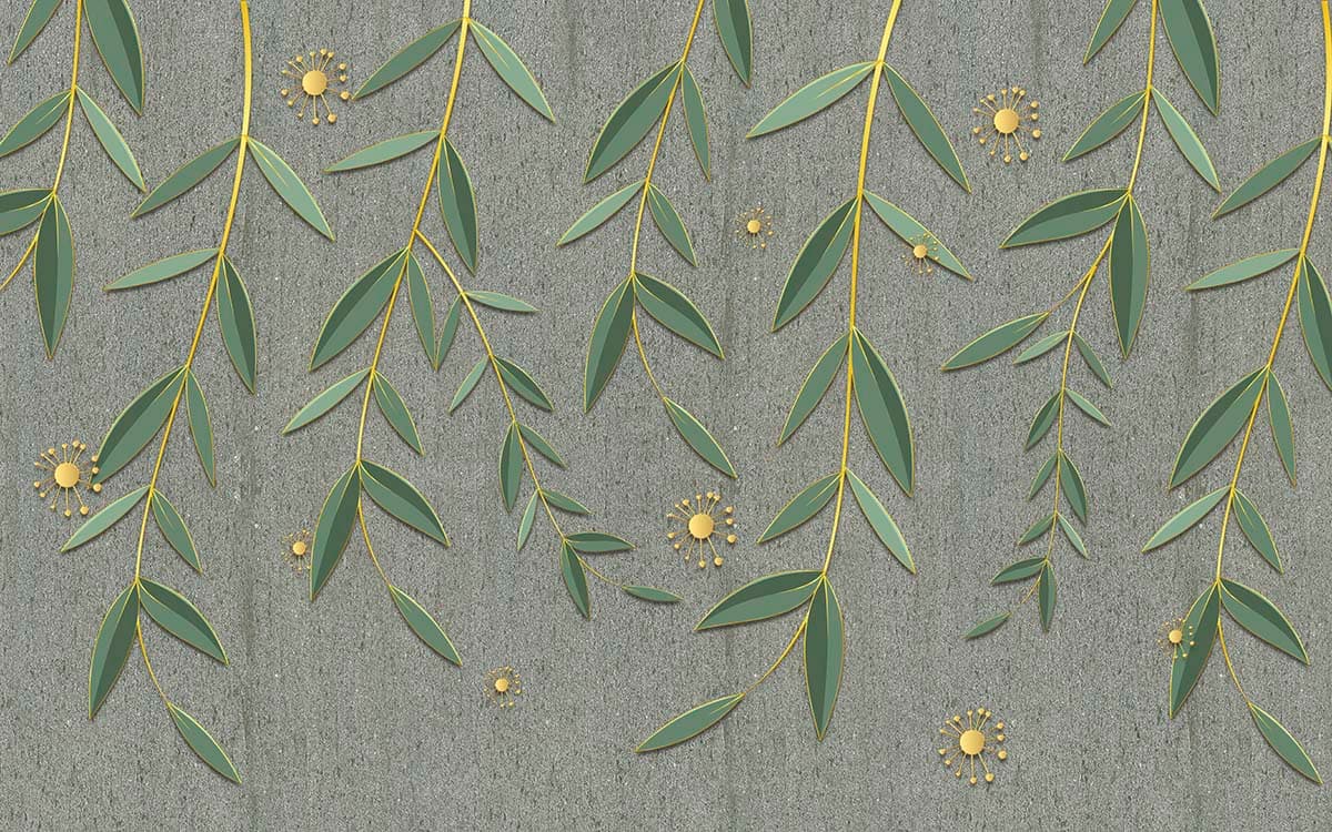 Minimal Green Leaves with Yellow Dots Modern Pattern Wallpaper pattern detail