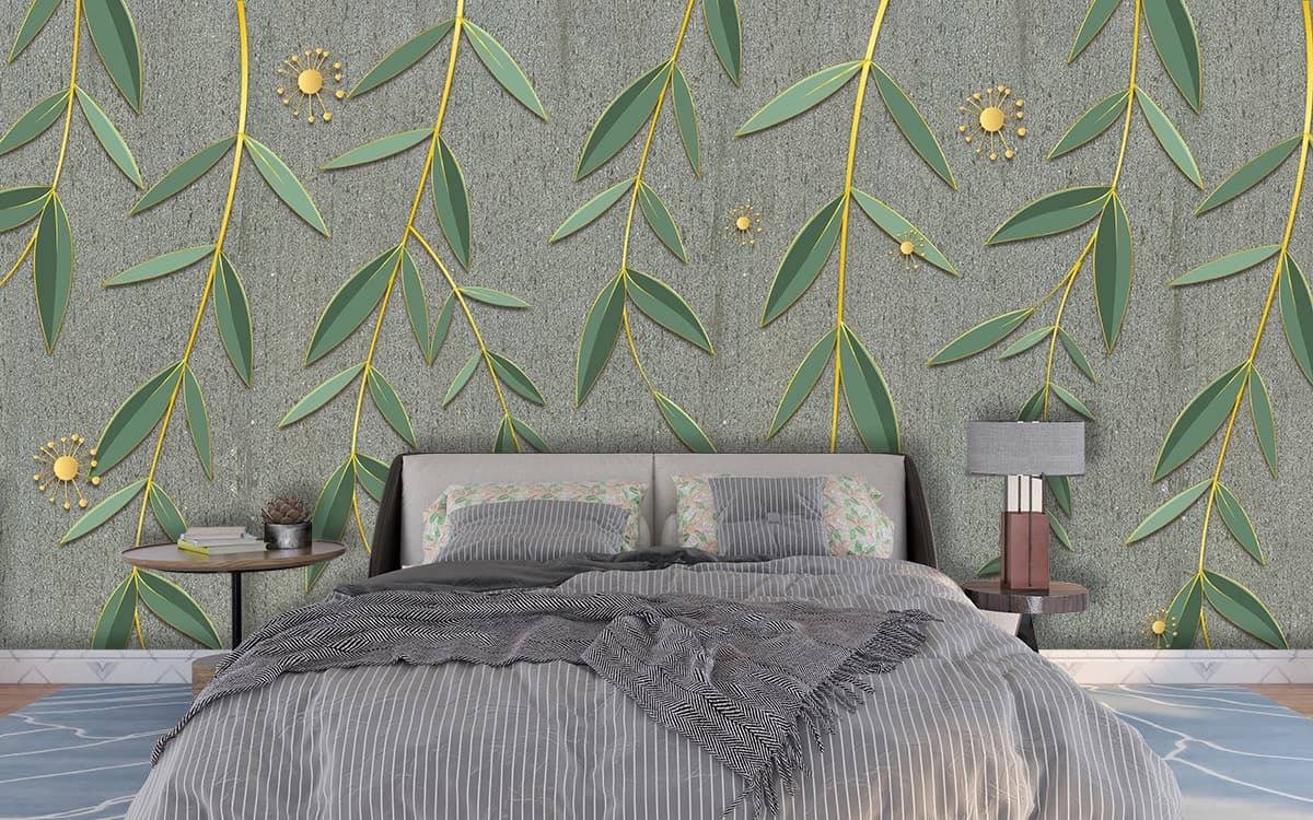 Minimal Green Leaves with Yellow Dots Modern Pattern Wallpaper shown in a room