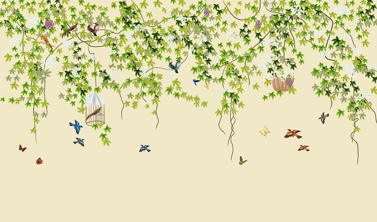 Serene Birds and Butterflies Nature Theme Wallpaper pattern detail