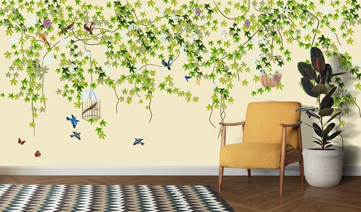 Serene Birds and Butterflies Nature Theme Wallpaper shown in a room