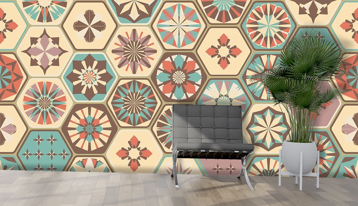 Multi Design Hexagon Pattern Geometric Wall Mural Wallpaper shown in a room