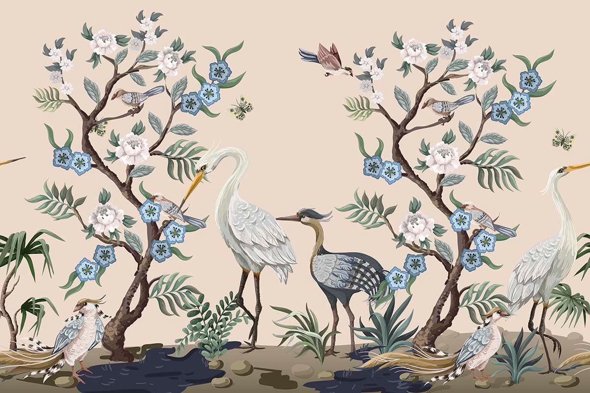 Elegant Bird and Floral Design Decorative Wallpaper pattern detail