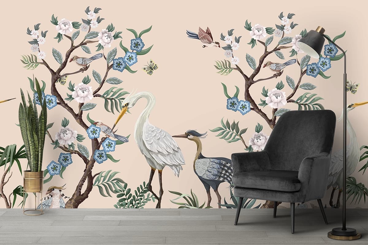 Elegant Bird and Floral Design Decorative Wallpaper shown in a room