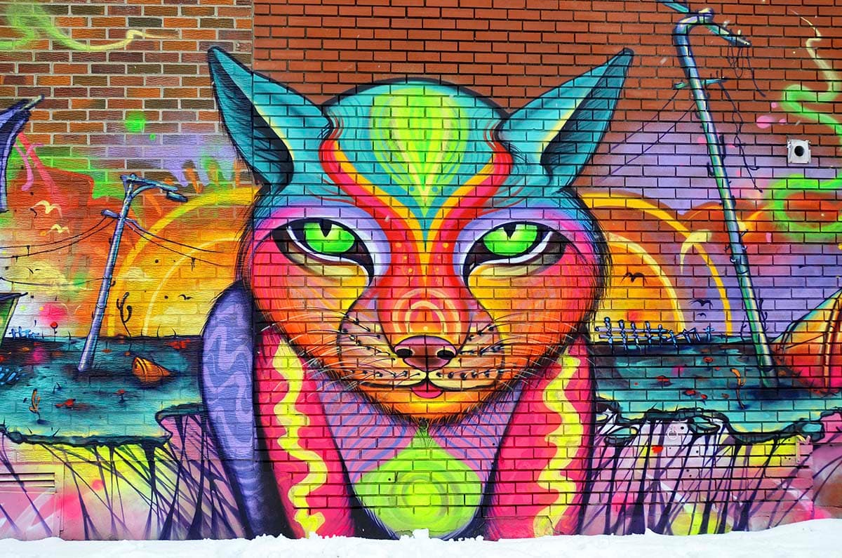 Colorful Cat Mural on Brick Wall Artistic Wallpaper pattern detail