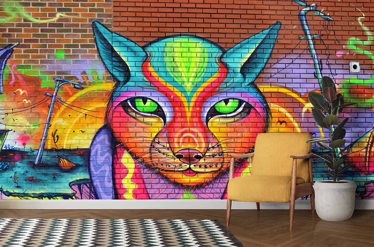 Colorful Cat Mural on Brick Wall Artistic Wallpaper shown in a room