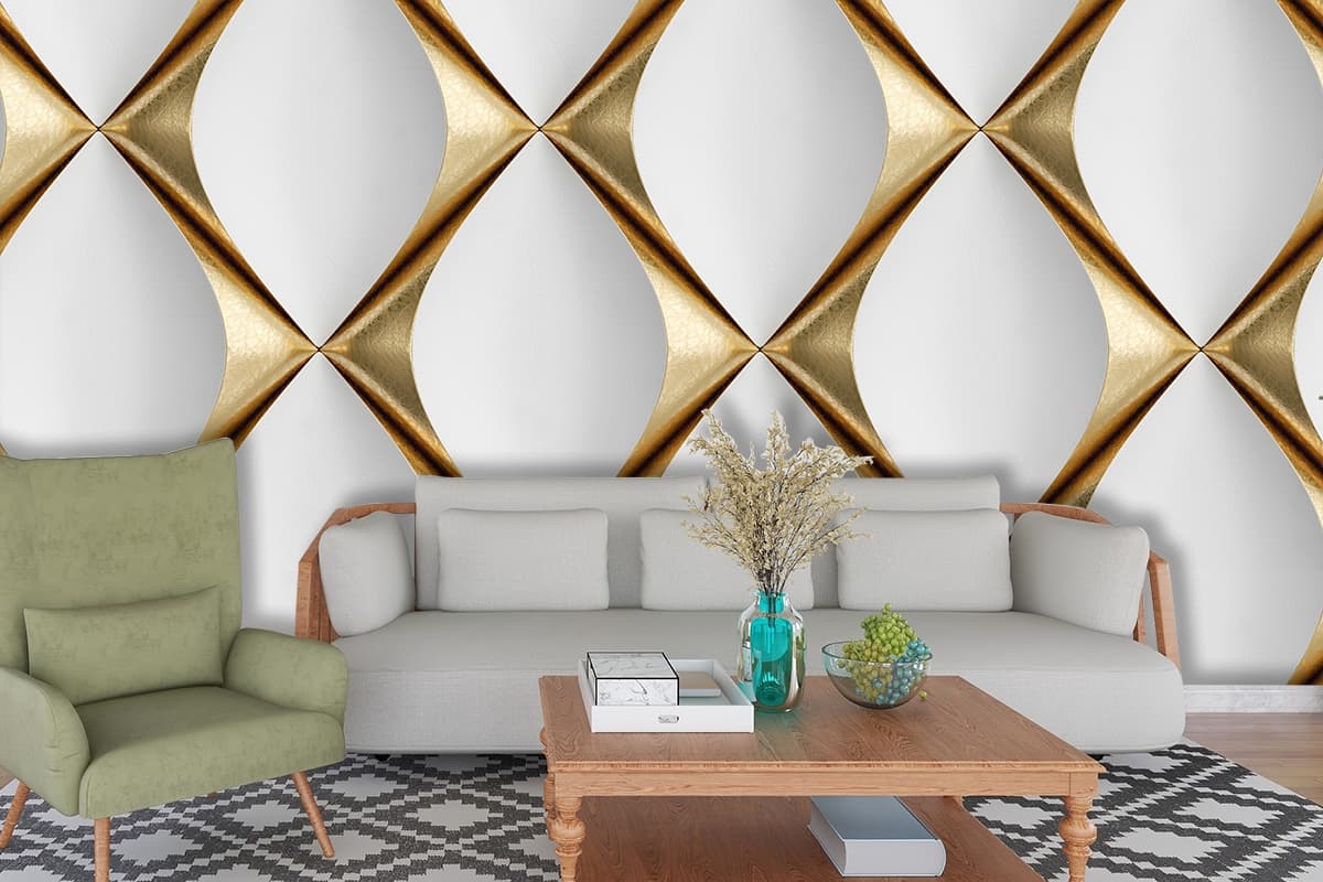 Elegant Gold White Diamond Geometric Wallpaper shown in a room