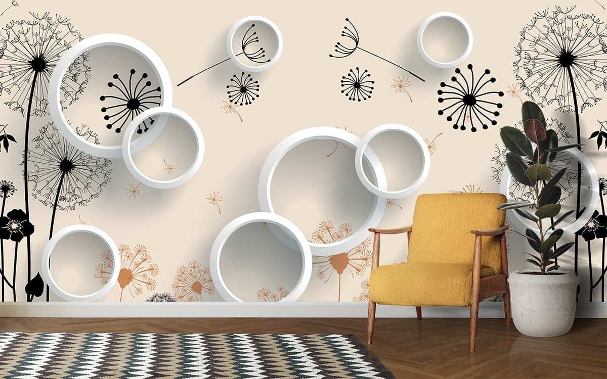 Luxury Dandelion Design with Abstract Rings Wallpaper shown in a room