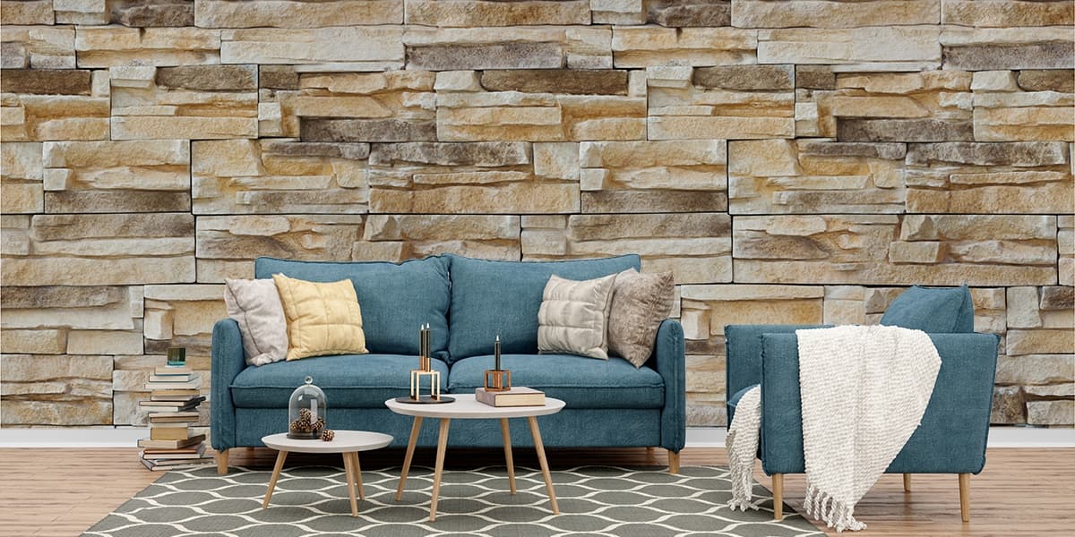 An Stone Effect Brick Wallpaper Mural shown in a room