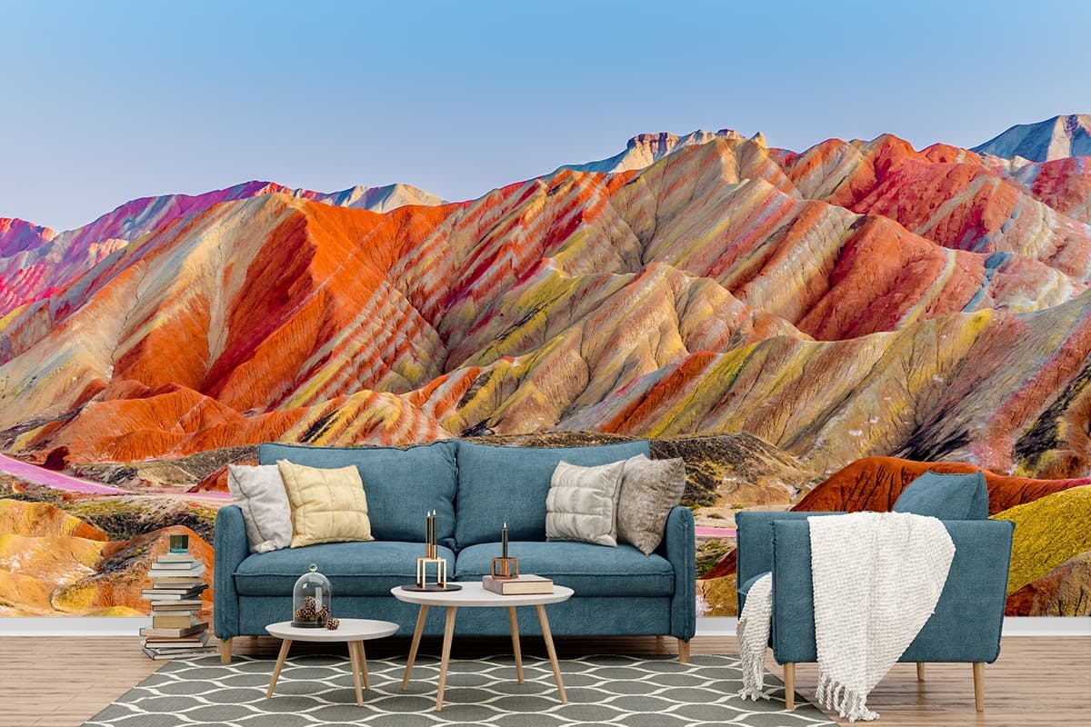 A colorful mountains with a road shown in a room