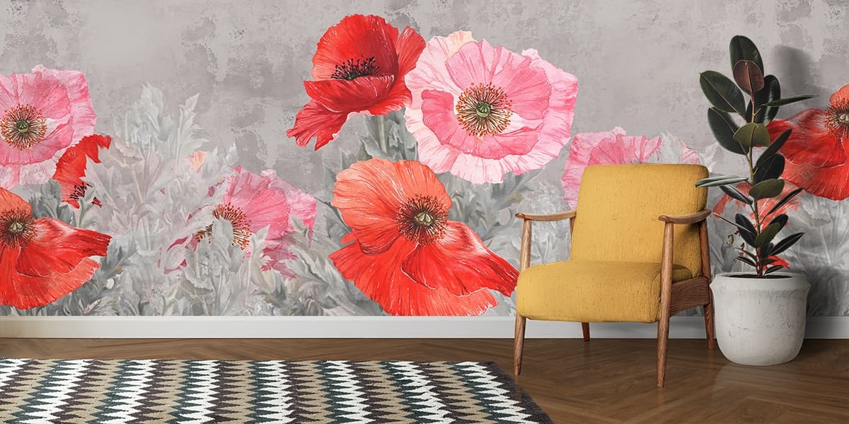 Red and Pink Floral Blossom Elegant Flower Wallpaper shown in a room
