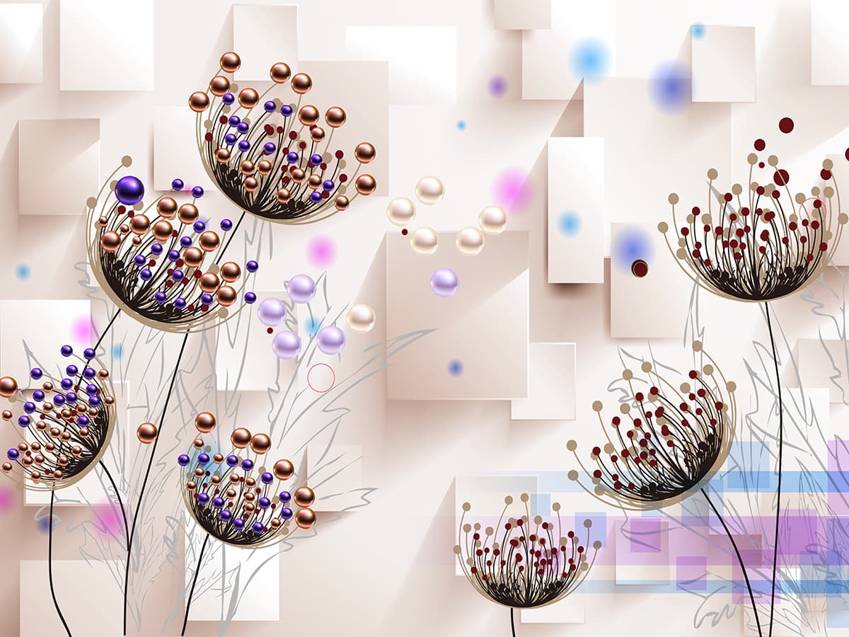 A wallpaper with flowers and colorful objects pattern detail