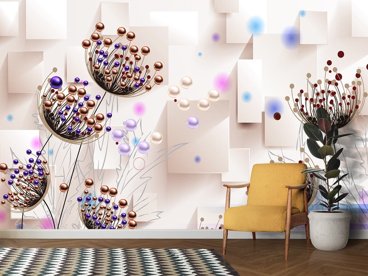 A wallpaper with flowers and colorful objects shown in a room