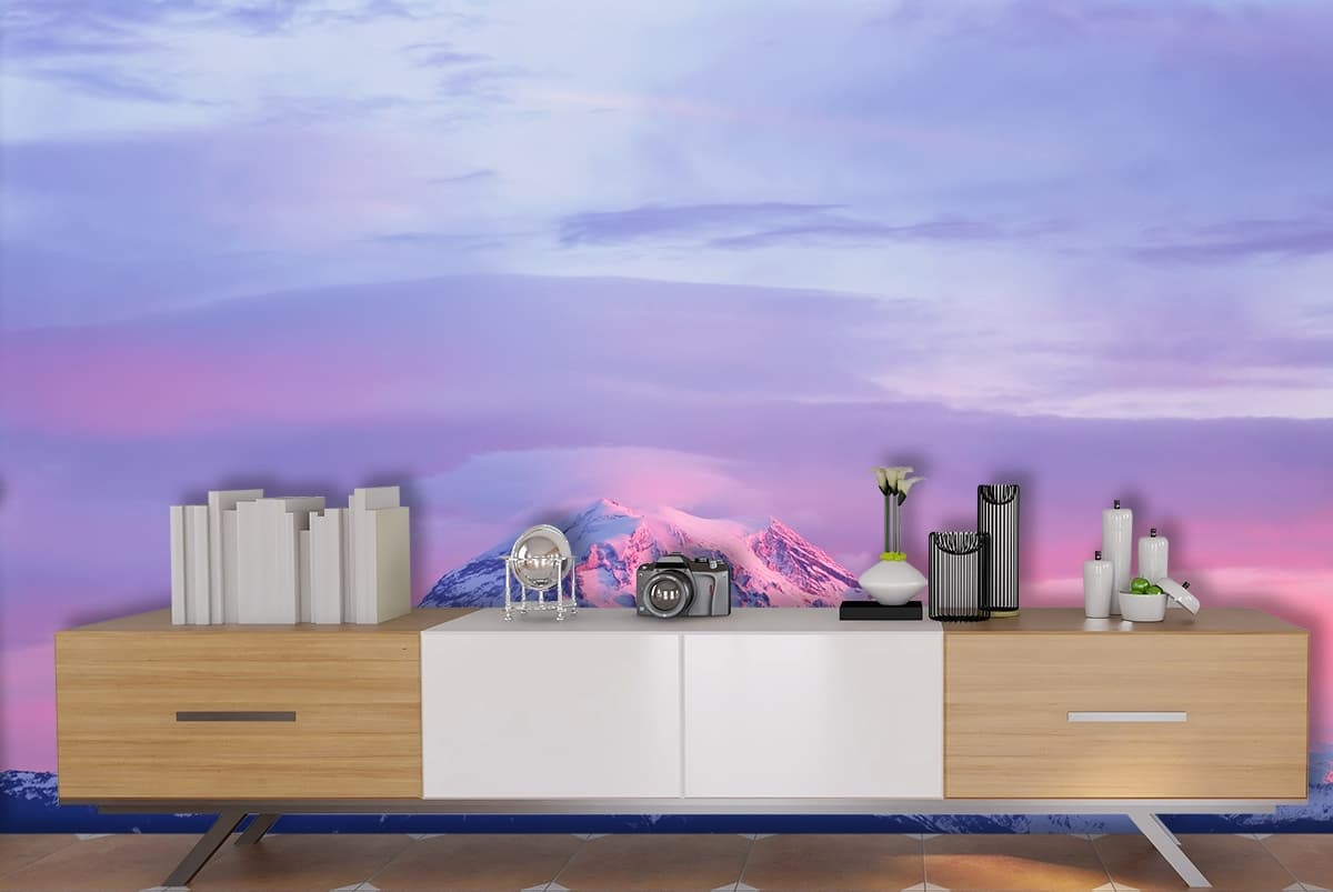 Minimal Snow-Capped Mountain View Wallpaper shown in a room