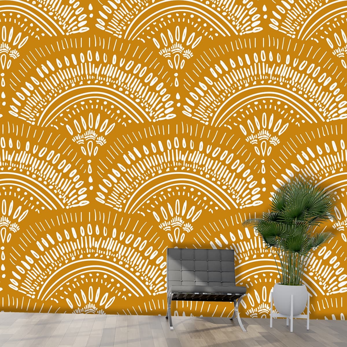 Modern White Yellow Geometric Shapes Wallpaper shown in a room