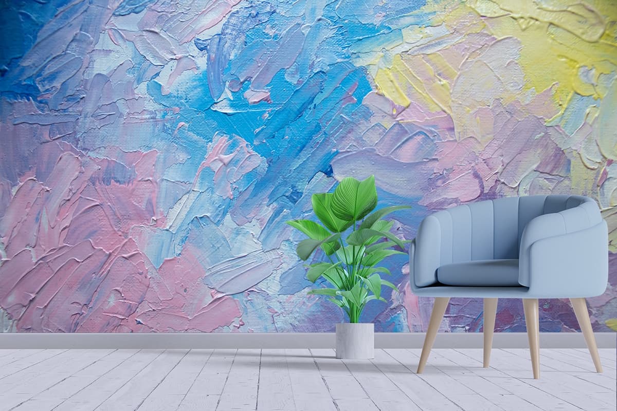 Abstract Blue Paint Texture Wall Wallpaper shown in a room