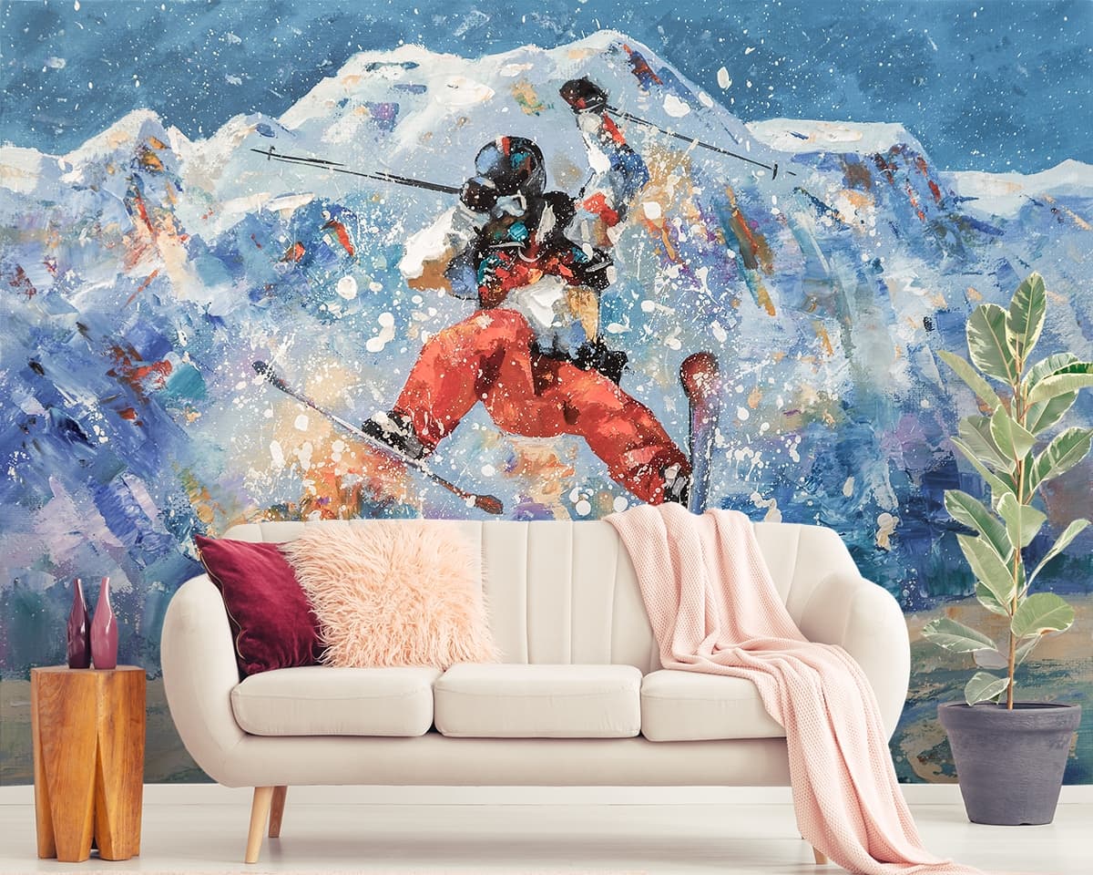 Dynamic Ski Action Abstract Mountain Wall Wallpaper shown in a room