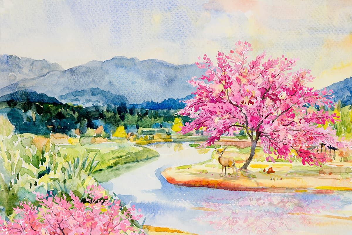 Pastel Spring Countryside Wallpaper pattern detail