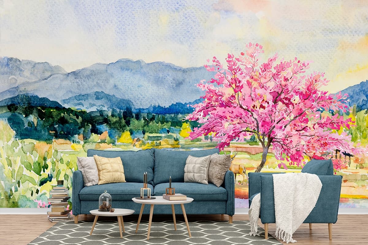 Pastel Spring Countryside Wallpaper shown in a room