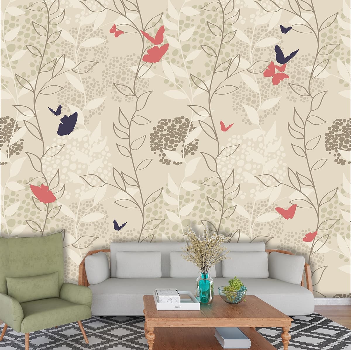 Soft Vintage Floral Vine Wallpaper shown in a room