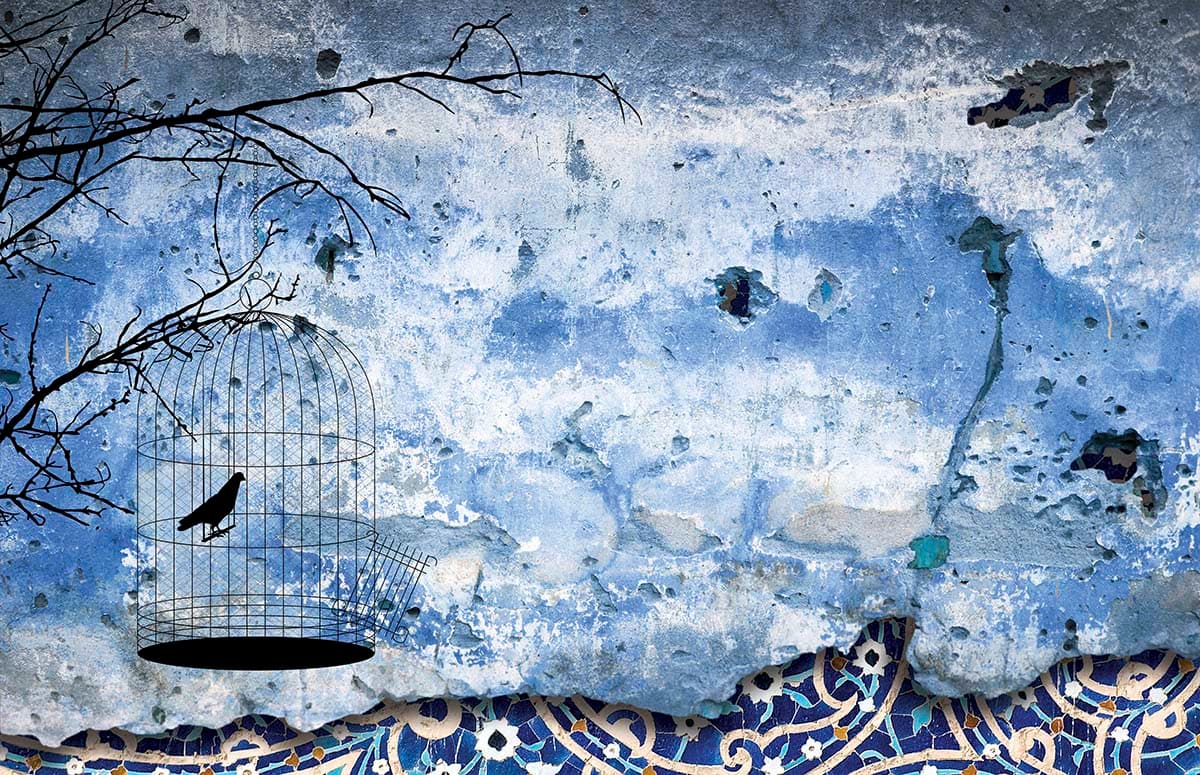 A bird in a cage on a blue wall pattern detail