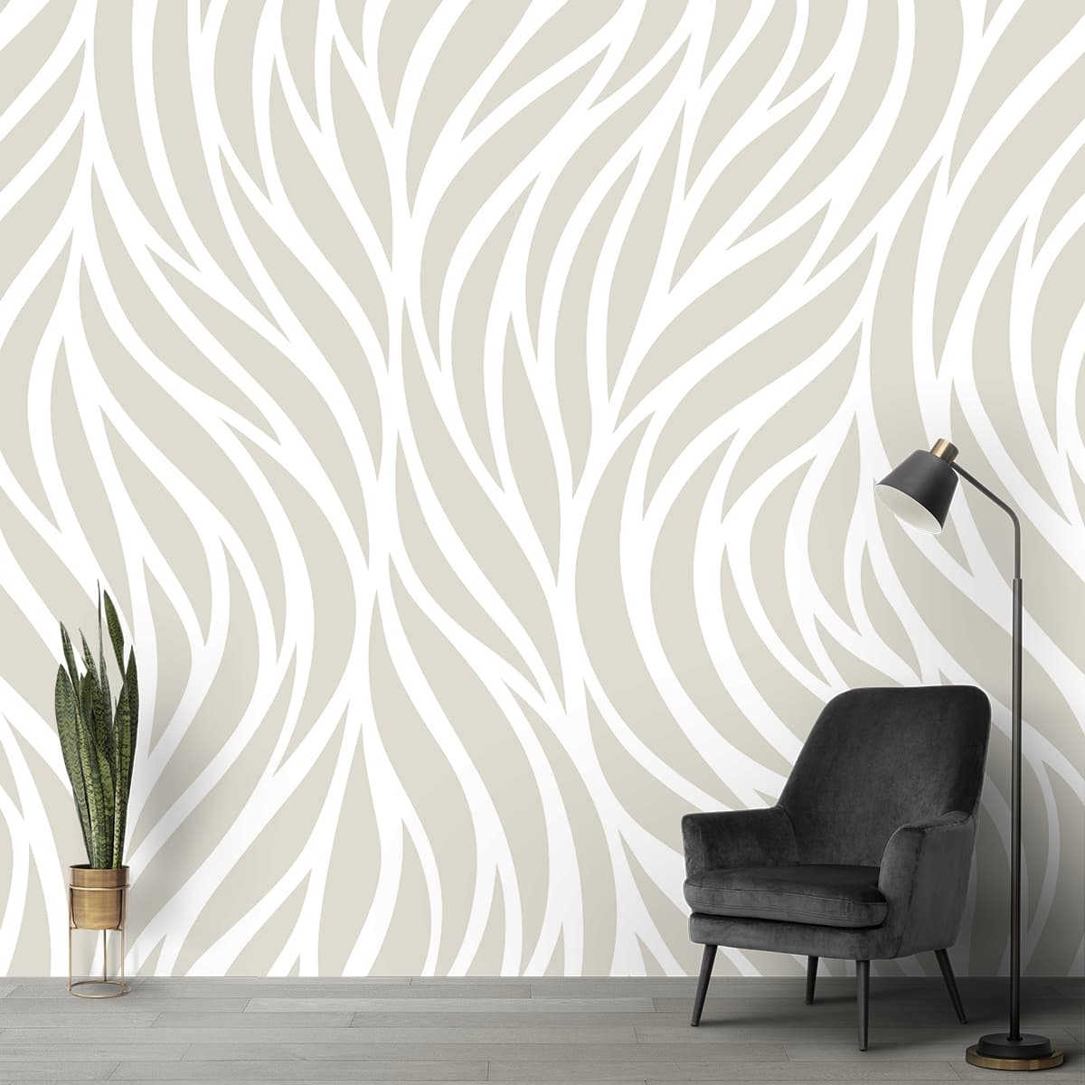 White and Gray Wavy Pattern Mural Wallpaper shown in a room