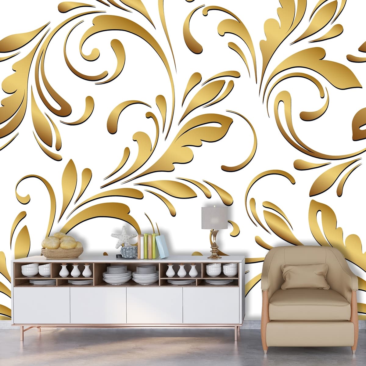 A gold and white floral pattern shown in a room