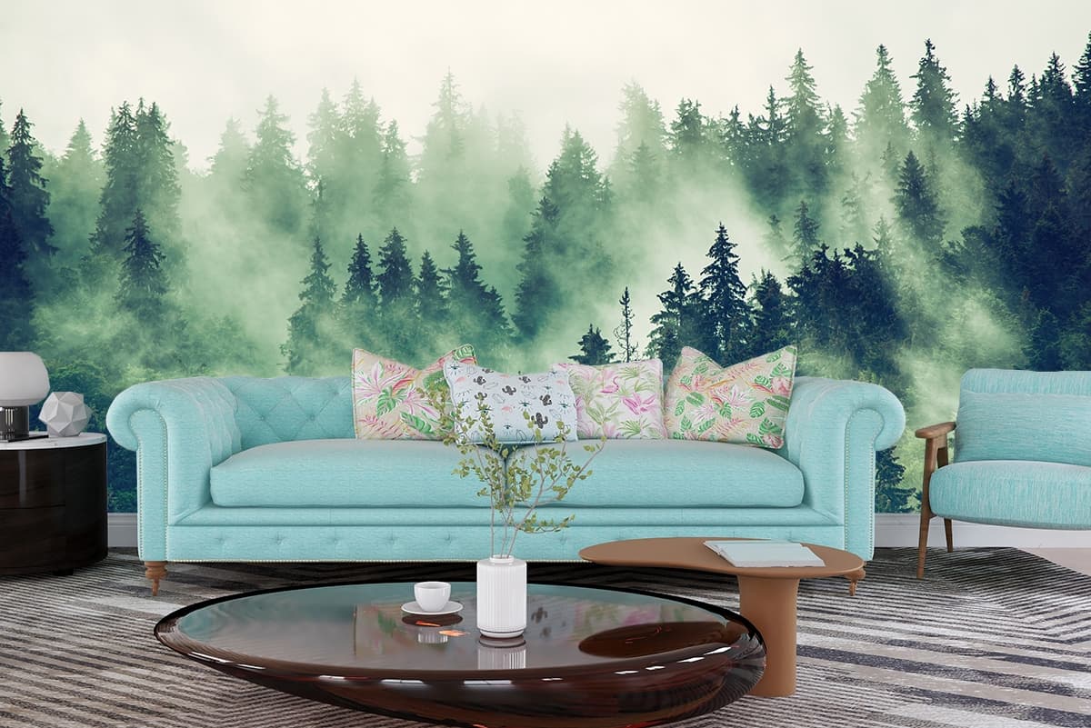Fog-Clad Forest Serenity Wallpaper shown in a room