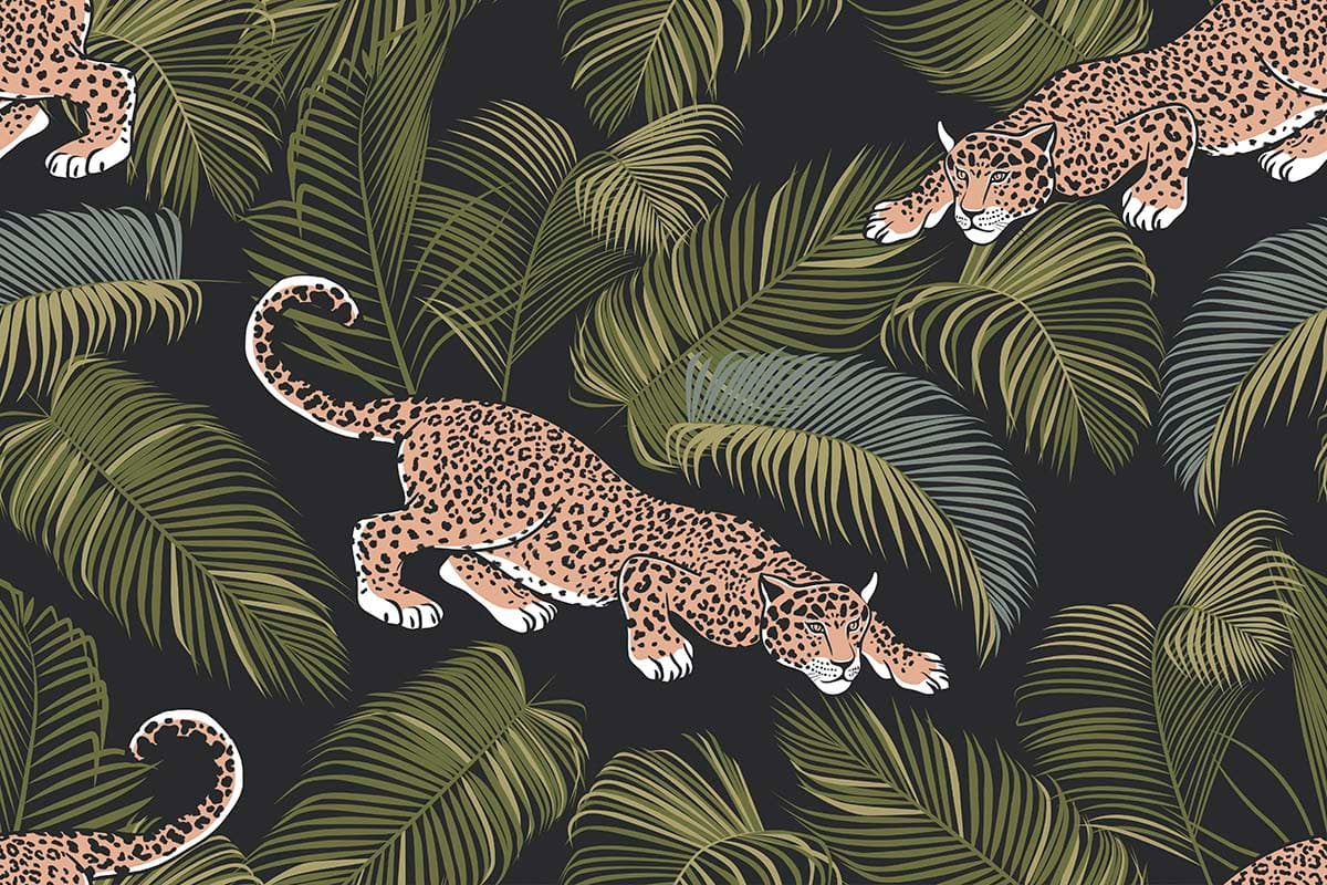 Exotic Leopards Palm Leaves Scene wallpaper pattern detail