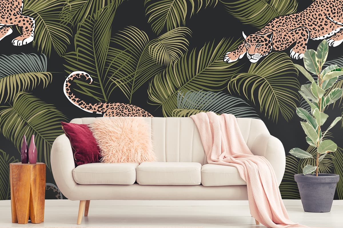 Exotic Leopards Palm Leaves Scene wallpaper shown in a room