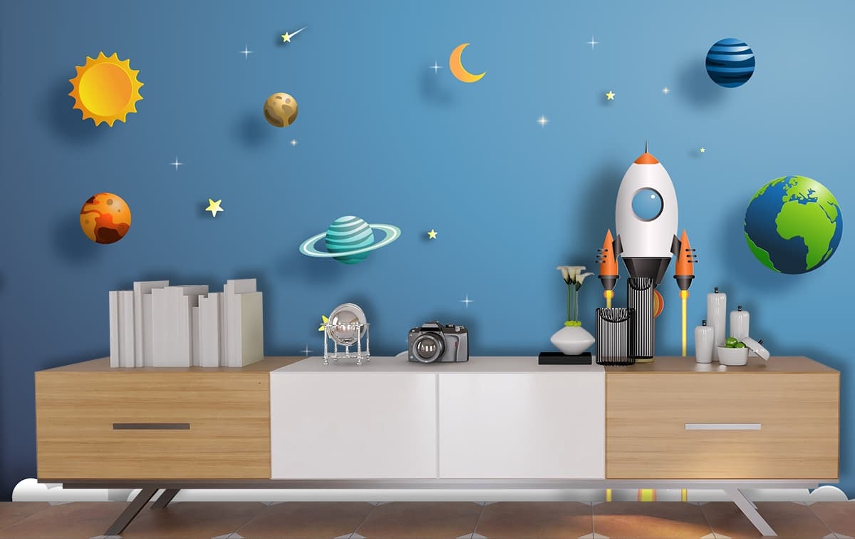 Cute Galaxy Rocket Wall Mural for Kids shown in a room