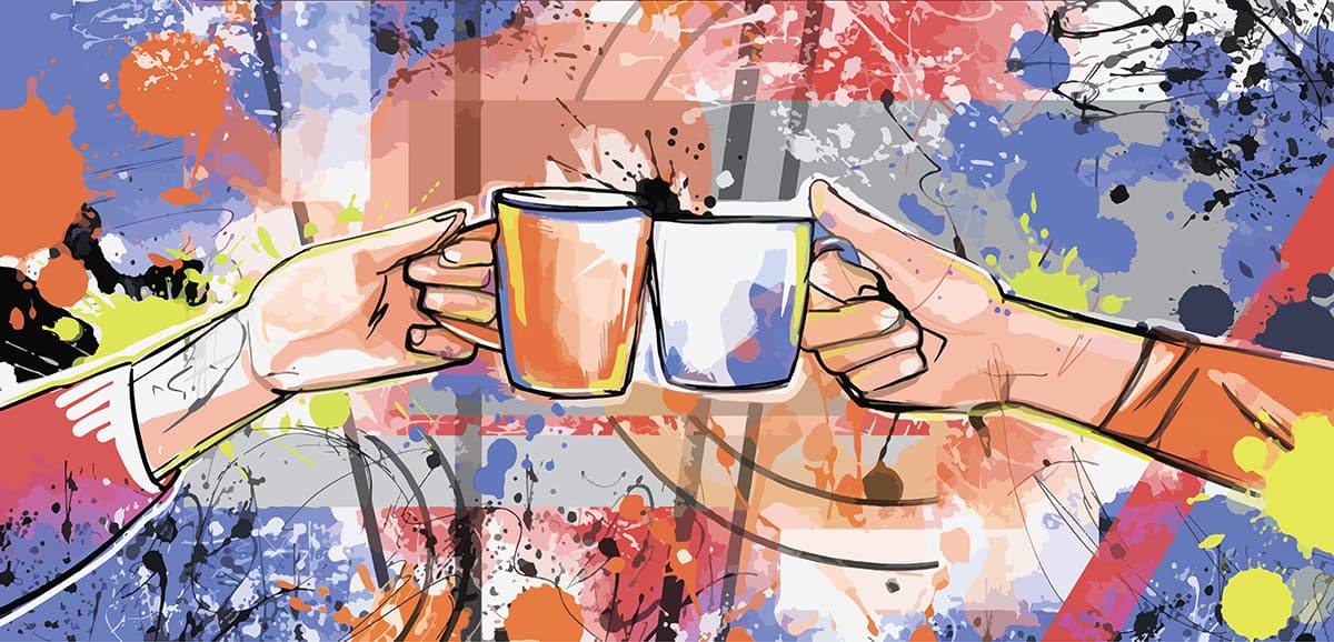 A close up of two hands holding cups pattern detail