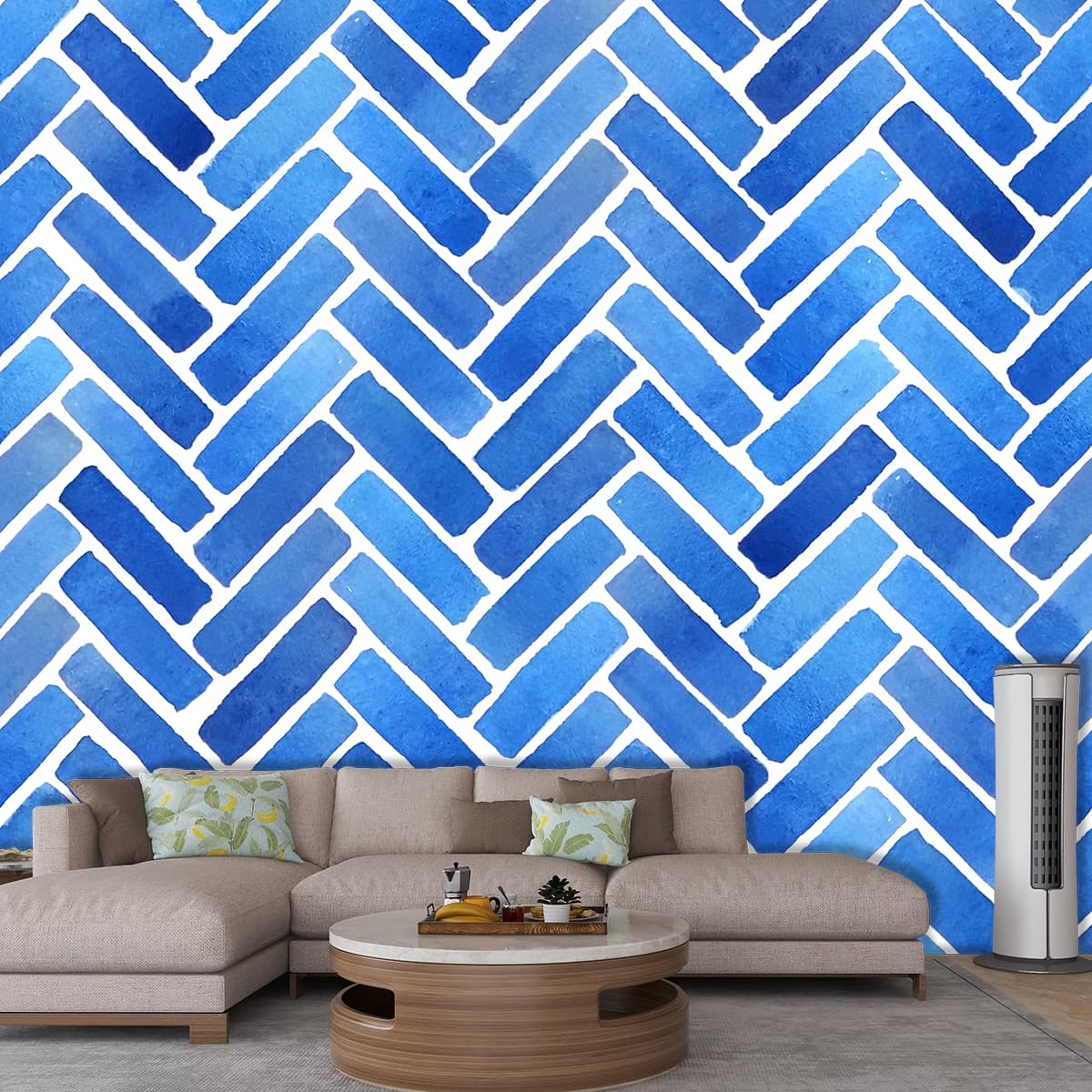 Elegant Blue and White Pattern Design Wallpaper shown in a room