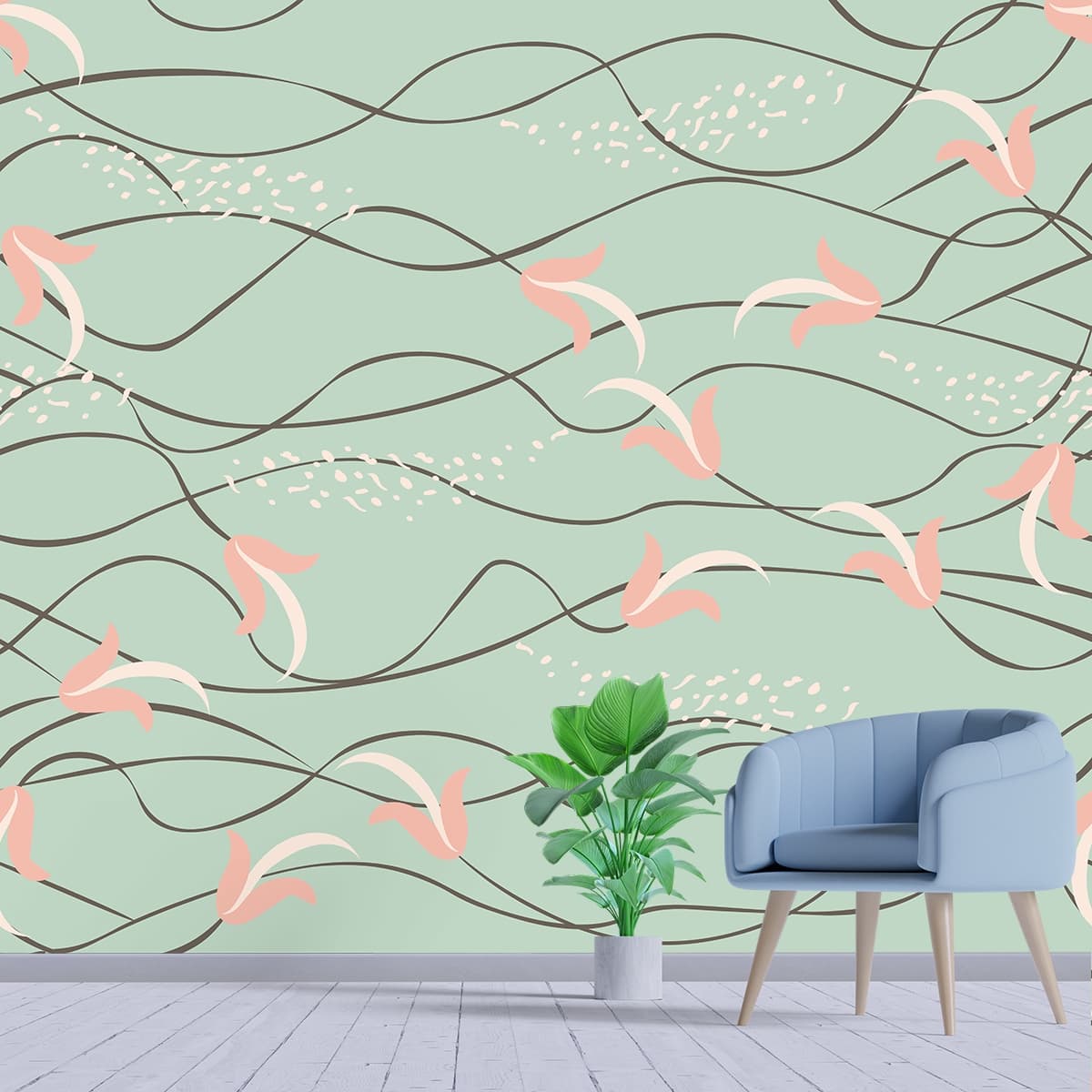 Luxury Abstract Green Wave Pattern Wallpaper shown in a room