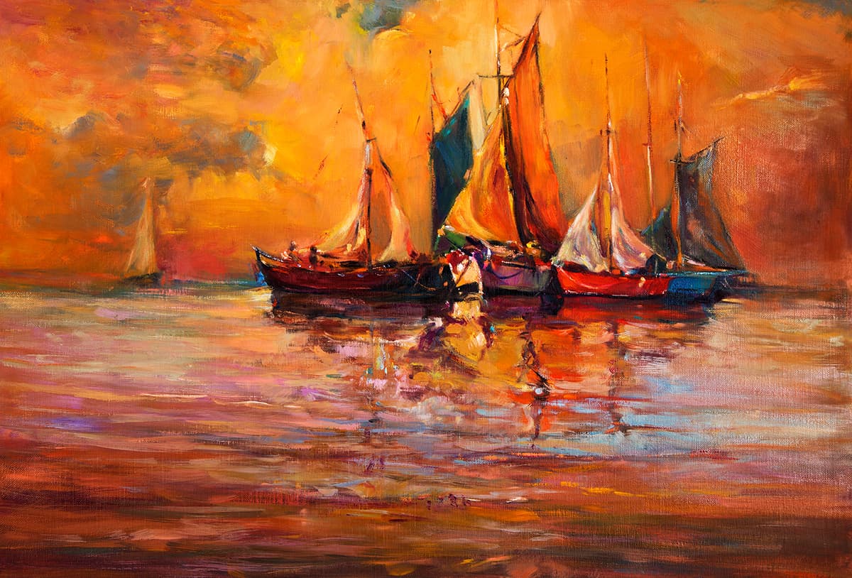 Colorful Boat on Water Painting Wallpaper for Wall pattern detail