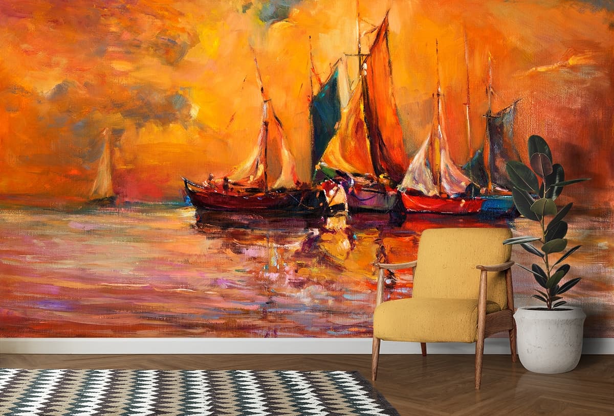 Colorful Boat on Water Painting Wallpaper for Wall shown in a room