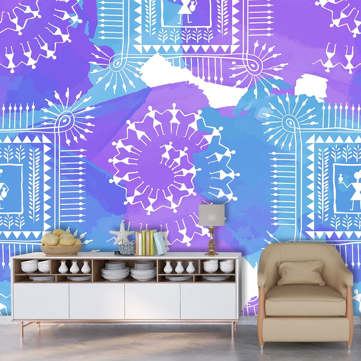 Elegant Paint Stroke White Blue Wallpaper Design shown in a room