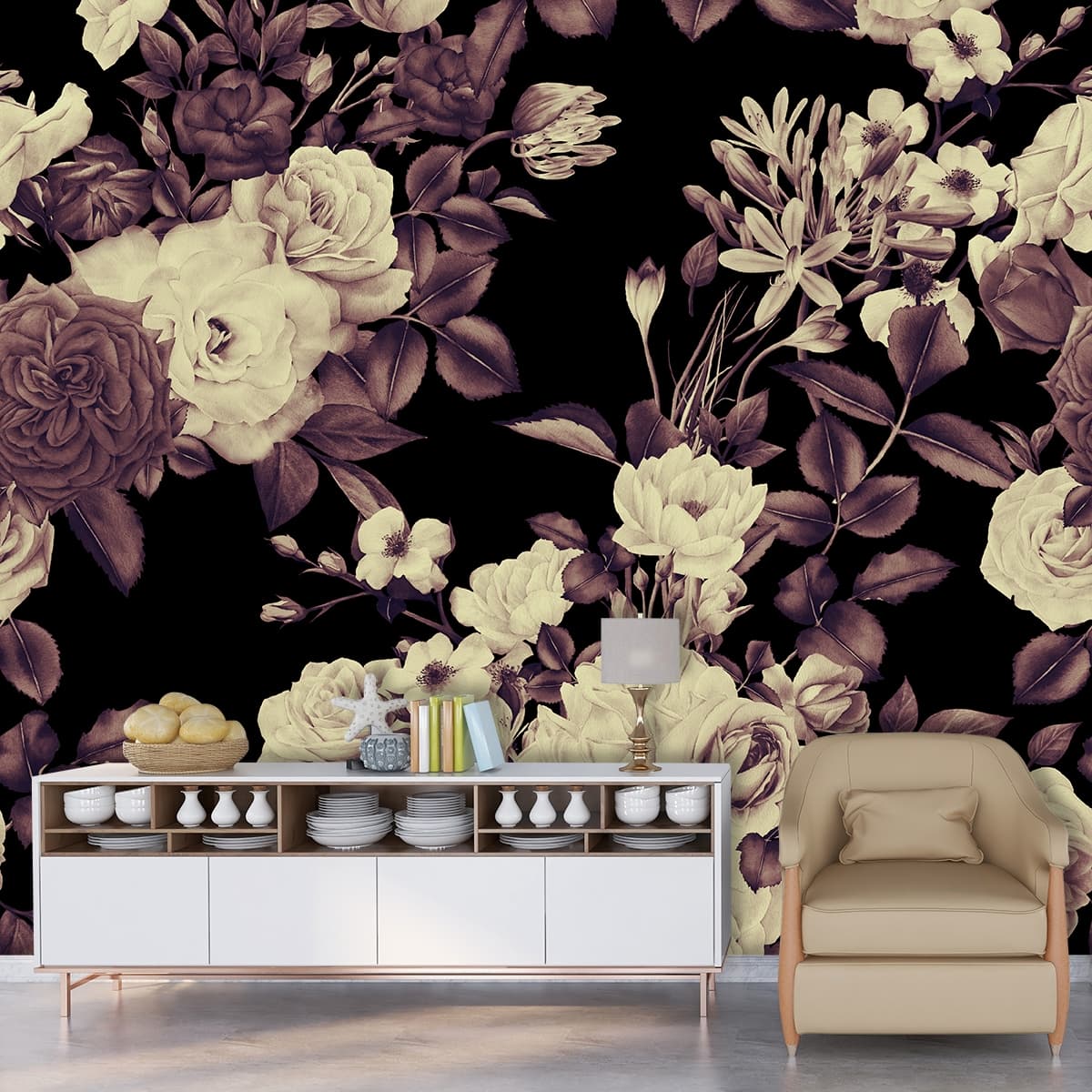 A Wallpaper of Flowers with Retro Aura shown in a room