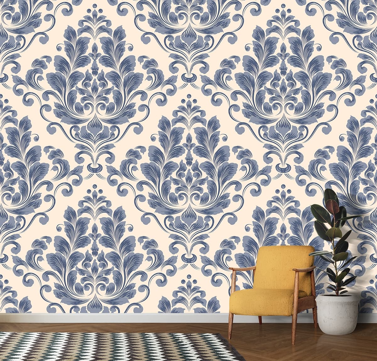 Blue and White Floral Wallpaper for Drawing Room shown in a room