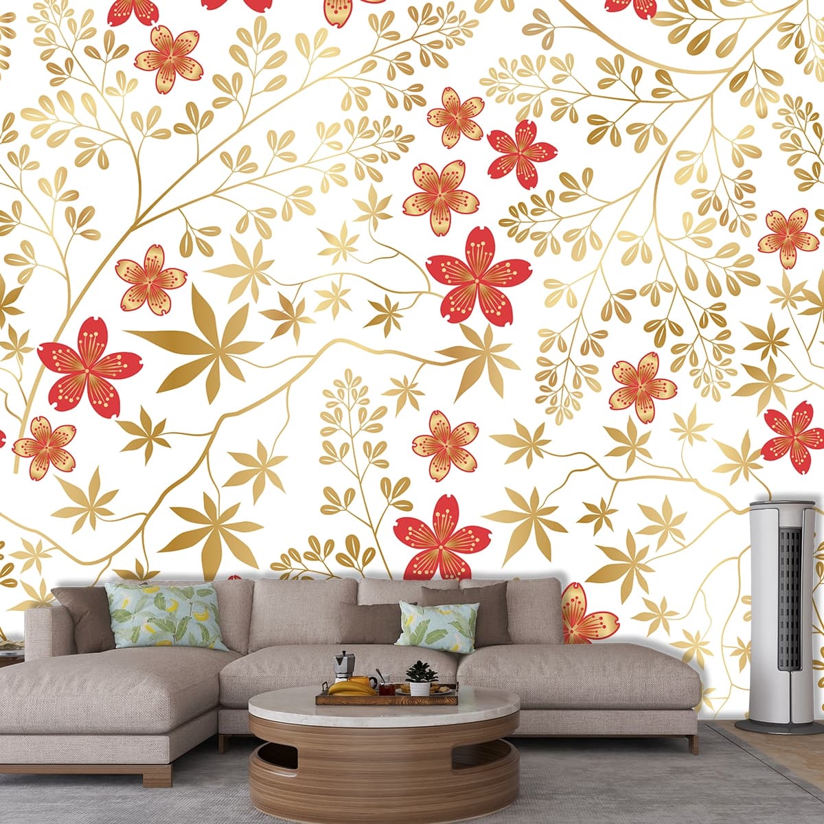 Red and Gold Floral Pattern Wallpaper for Walls shown in a room