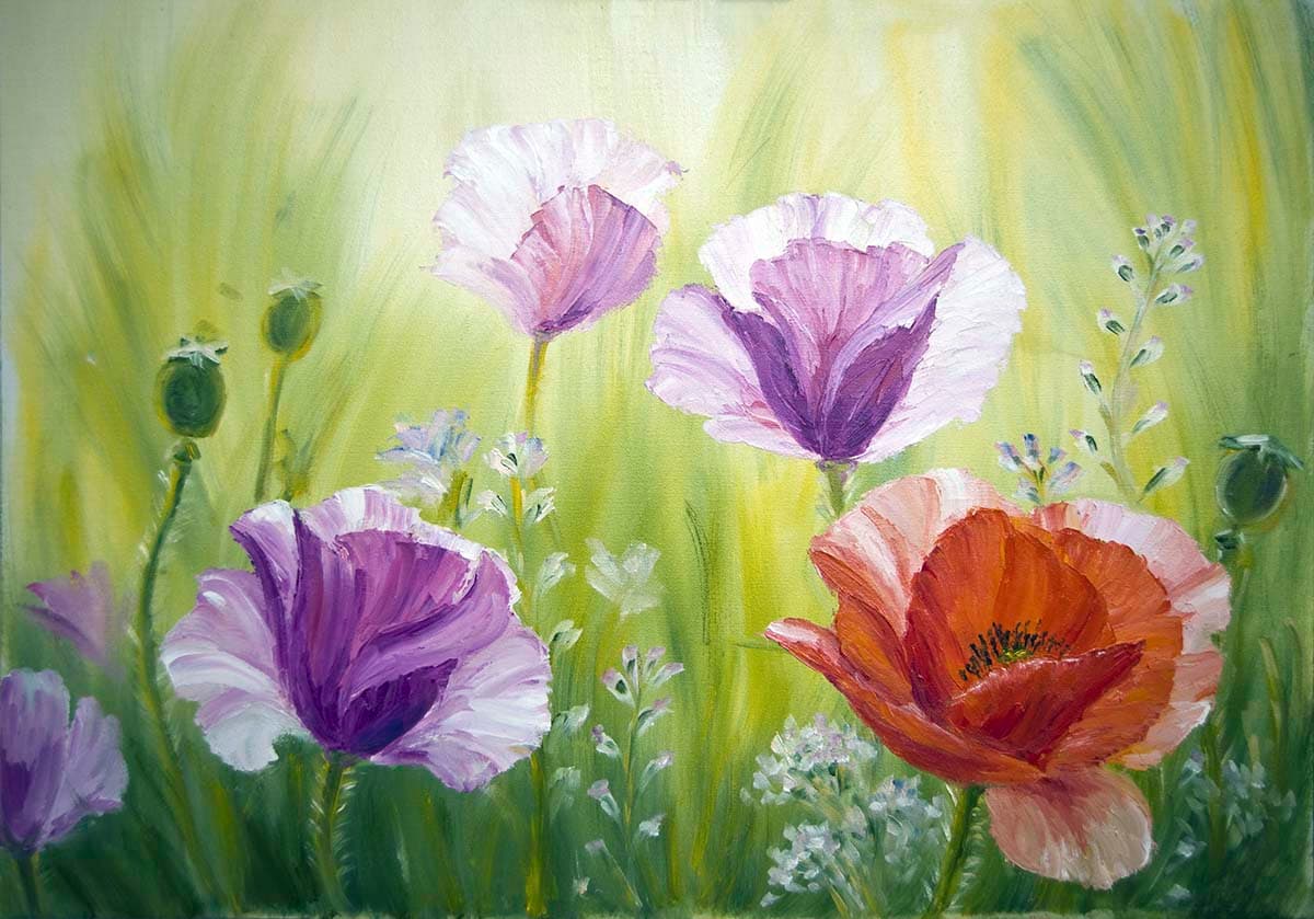 A painting of flowers in a field pattern detail