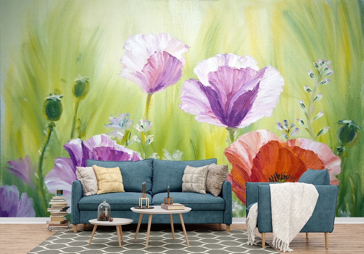 A painting of flowers in a field shown in a room