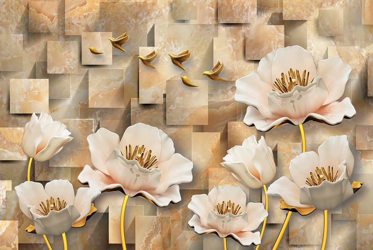 A wallpaper with flowers and squares pattern detail