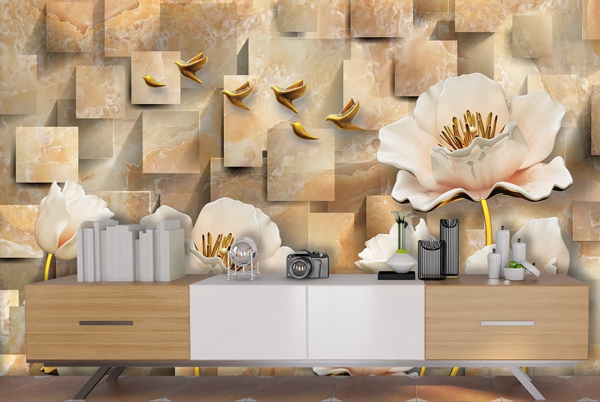 A wallpaper with flowers and squares shown in a room