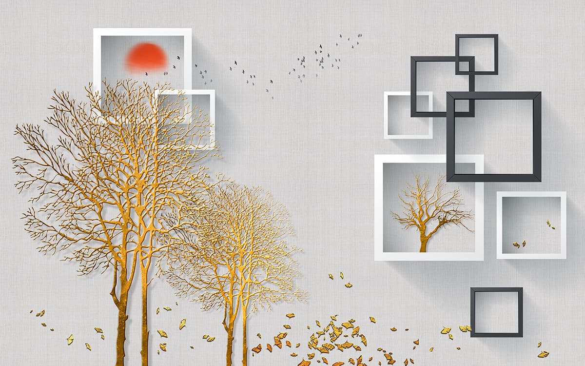 A wall mural of trees and squares pattern detail
