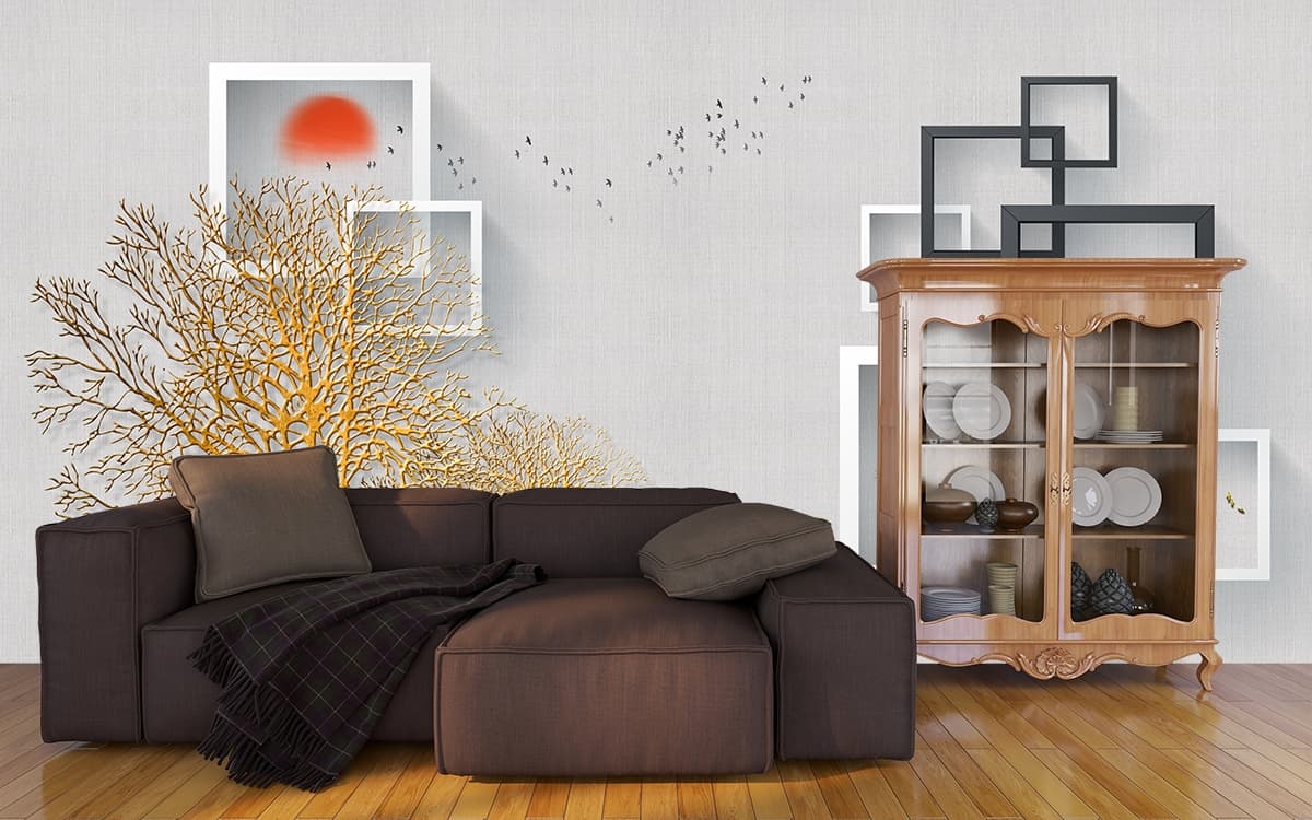 A wall mural of trees and squares shown in a room