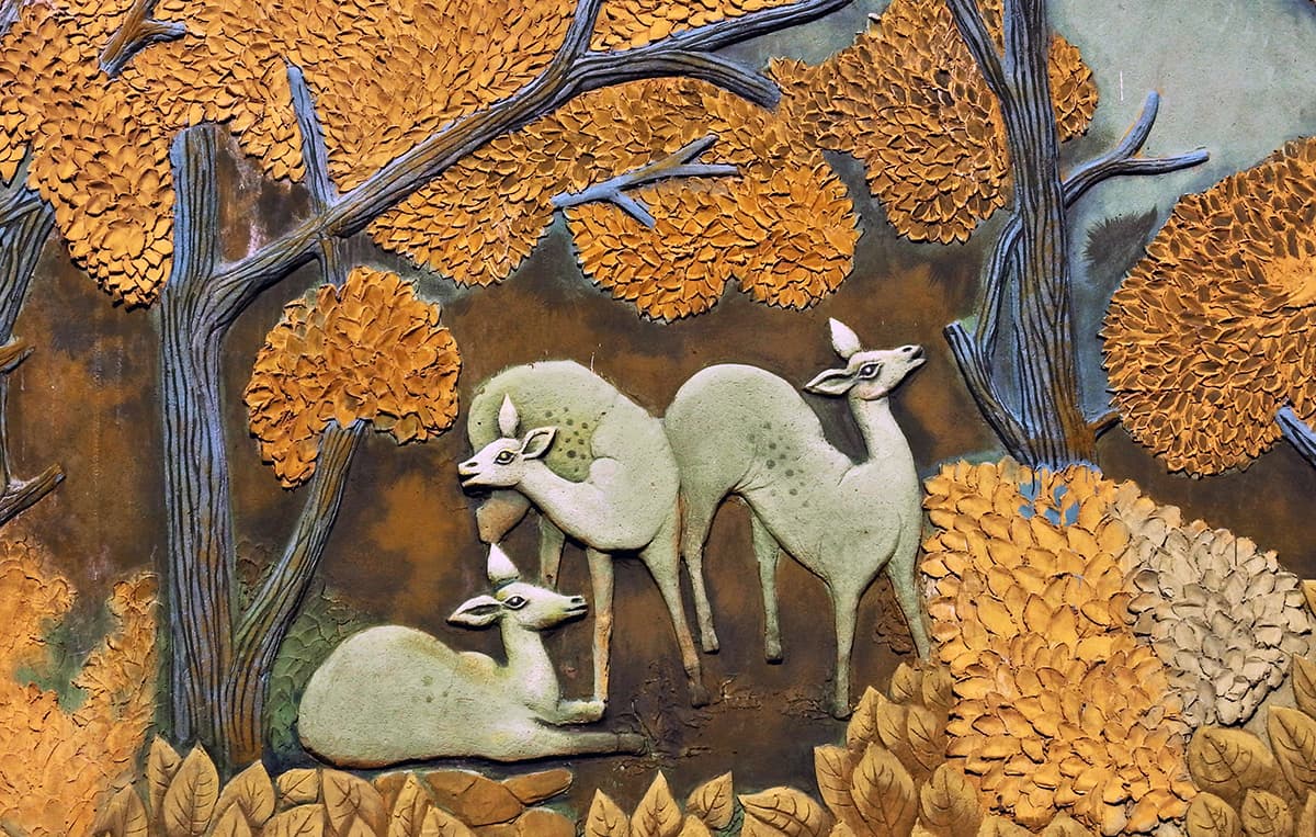 3D Dining Room Wallpaper of Group of Deer and Trees pattern detail