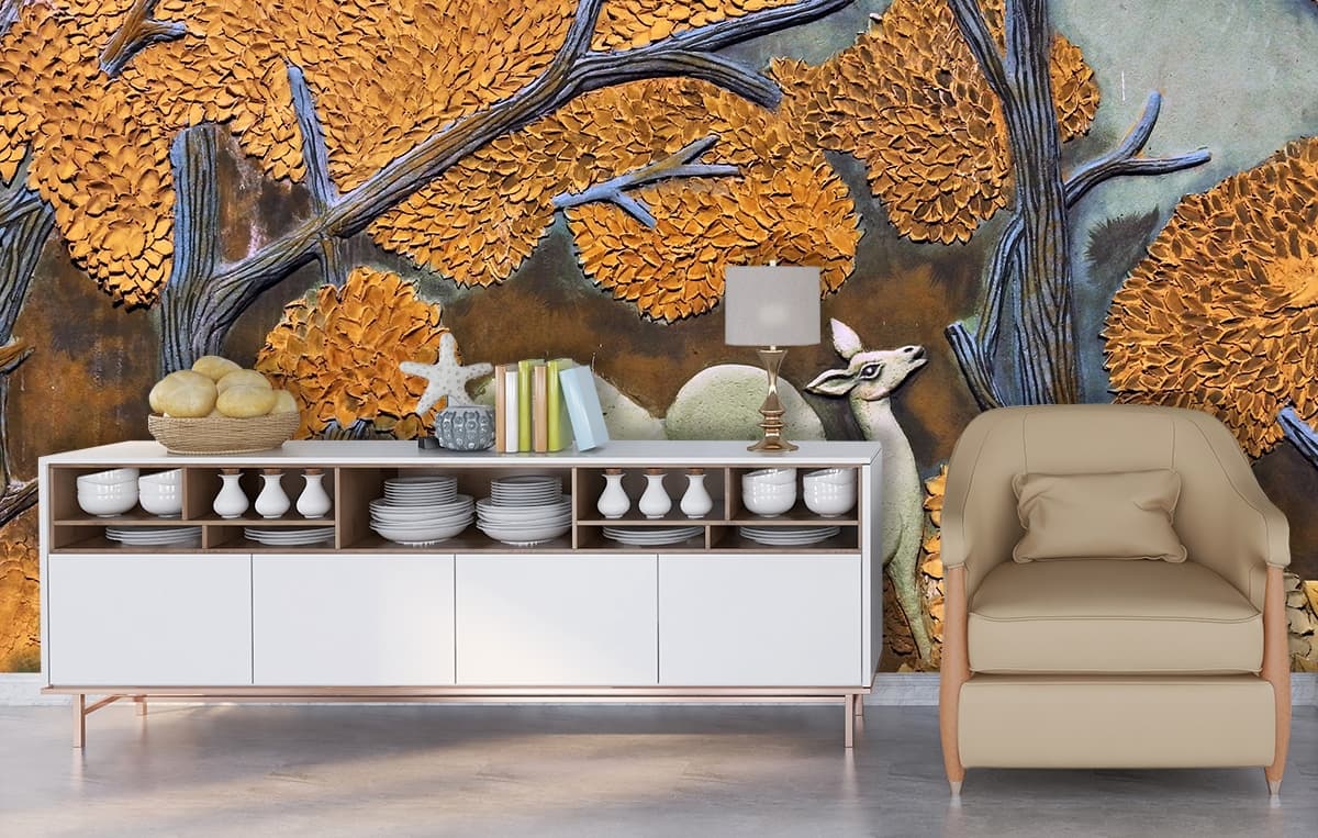 3D Dining Room Wallpaper of Group of Deer and Trees shown in a room